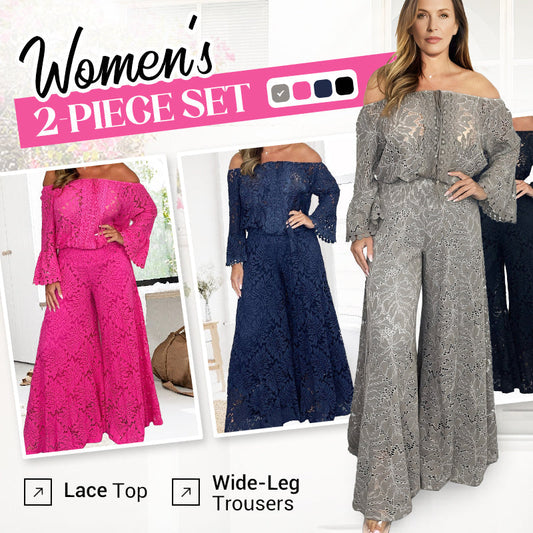 💖Women's 2-Piece Set: Lace Top + Wide-Leg Trousers