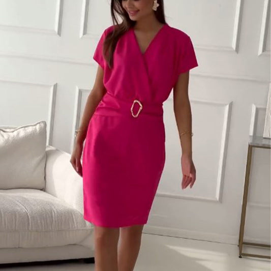 👗V-Neck Short Sleeve Short Dress with Cinched Waist