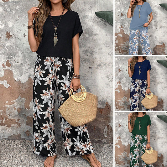 🏆HOT SALE 49% OFF🔥Women's Casual Floral Print Wide Leg Trousers and Short Sleeve Top Set