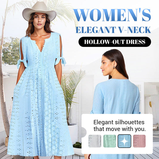 💃Women's Elegant V-Neck Hollow-Out Solid Dress