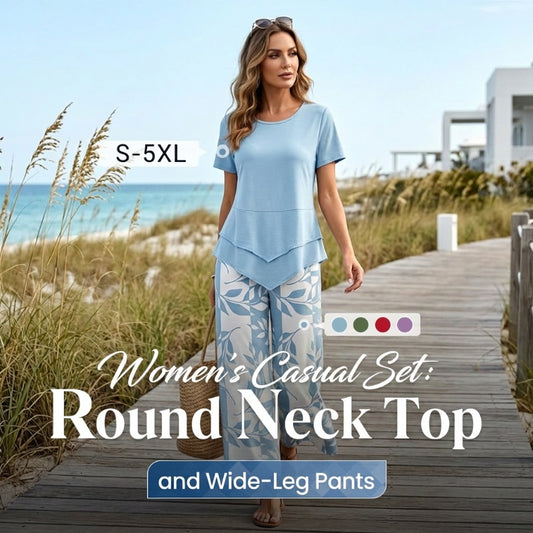 💥Free delivery on single items!👗 Women’s two-piece set—a layered, asymmetrical long-line top and printed wide-leg trousers, breathable and comfortable✨