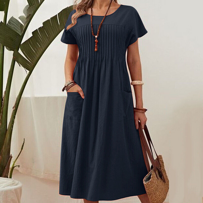 🌸 50% OFF NOW! 👗 Women’s Pleated Short-Sleeve Dress with Pockets – Soft Cotton-Linen Blend ☀️Delivered within 5 working days👜