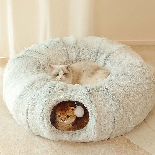 🐈2-in-1 Foldable Indoor Soft Round Cat Tunnel Bed