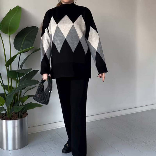 🔥Limited stock available 50% OFF🔥Fashion Color-blocking Rhombus Sweater & Pants Set