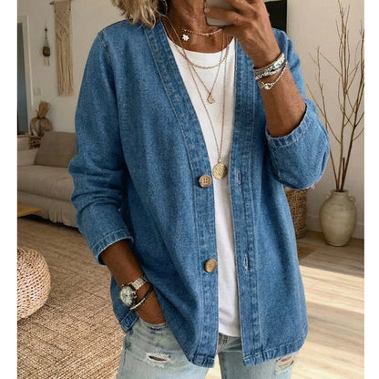 🥳 Free delivery, delivered within 5 working days 🥳 Women's Classic Button Front Denim Jacket – V-Neck, Breathable Fabric & Relaxed Fit 💙