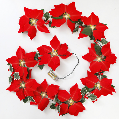 🎁🎄Christmas Sale 50% OFF!😍 Poinsettia Flower String Lights – 2M Warm LED Garland with Red Flowers & Holly Leaves