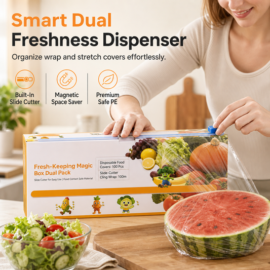 🔪 Magnetic Cling Film Dispenser with Slide Cutter, 100 Food Covers and 100m Wrap